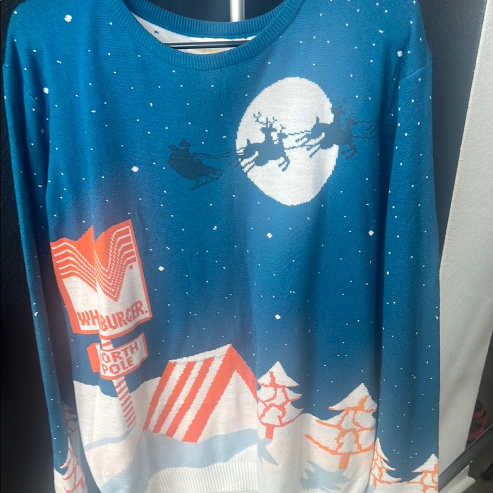 Whataburger Holiday Snow Scene Sweater with Moon and Santa